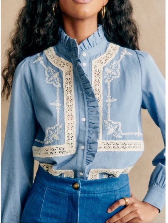 Sezane Tops - SEZANE Blue Ecru Lace Embroidered High Collar Button Down Chambray Ulysse Shirt